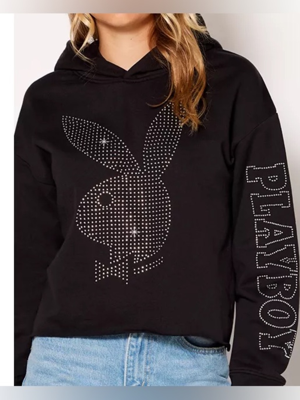 PLAYBOY Bunny Black Rhinestone Crop Pullover Hoodie- Size Large New